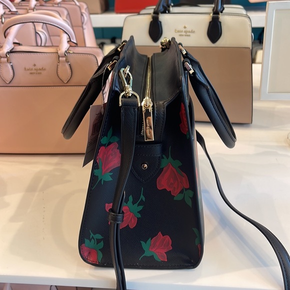 Kate Spade Madison Safiano Leather Medium Rose Toss Print Satchel 
Black Multi - Picture 4 of 16